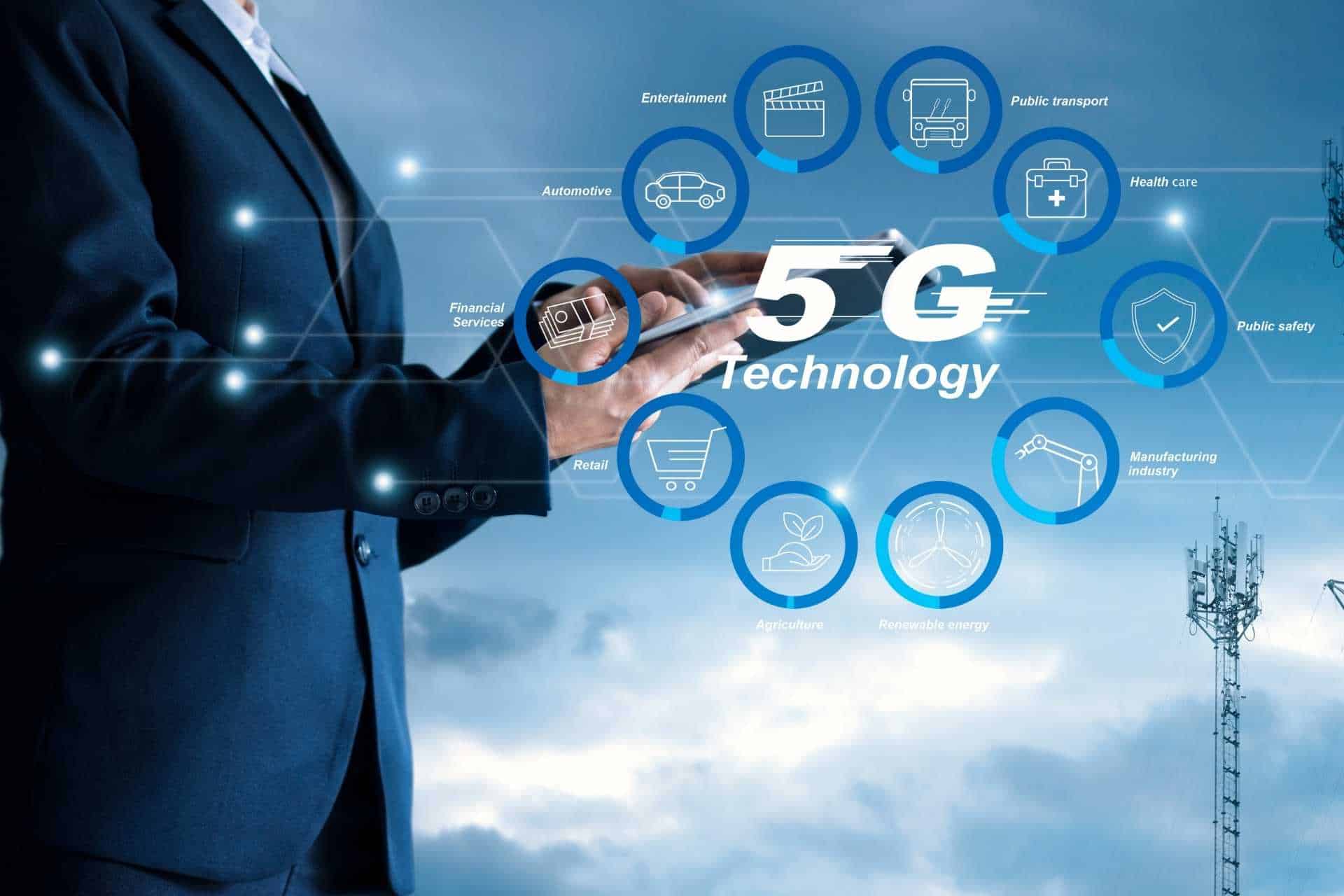 Conceptual image of a businessman using a smartphone with icons representing 5G technology applications across various industries like automotive, healthcare, and public safety, symbolizing the interconnectedness and impact of 5G on modern business including potential applications in hotel guest journey mapping.